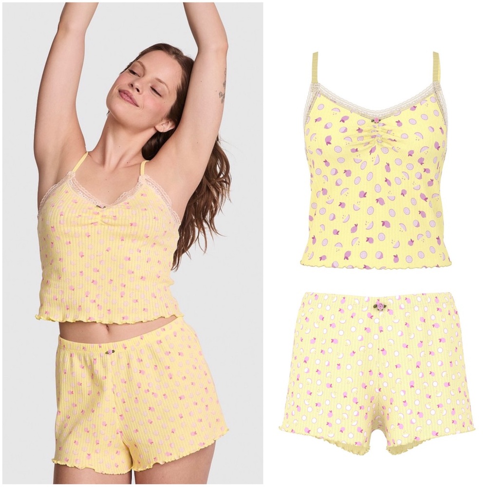 VICTORIA’S SECRET PINK Yellow Floral Ribbed Cami & Short Sleep Set.